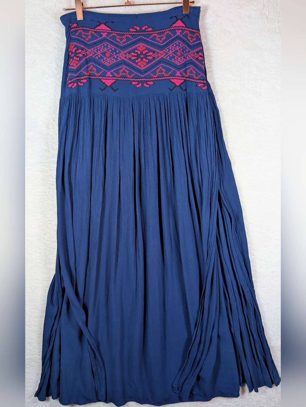 574-Japna Blue Maxi Skirt with Pink Embroidered Waistband - Picture 1 of 8